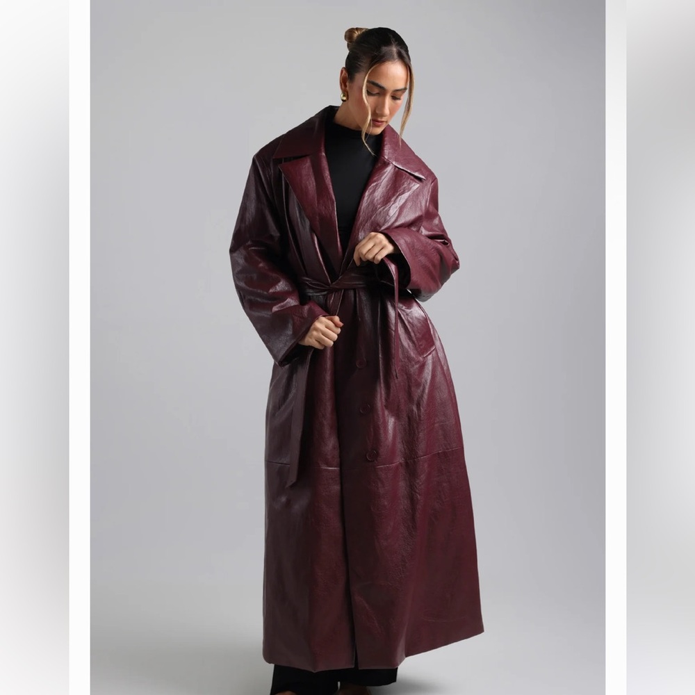 Women's Deep Red Leather Trench Coat